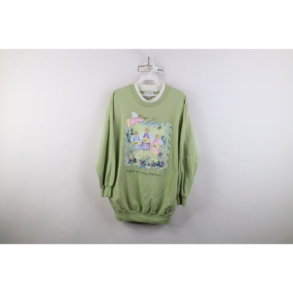 Vintage Tops - Vintage 90s Streetwear Womens XL Faded Christian Angels Layered Sweatshirt Green